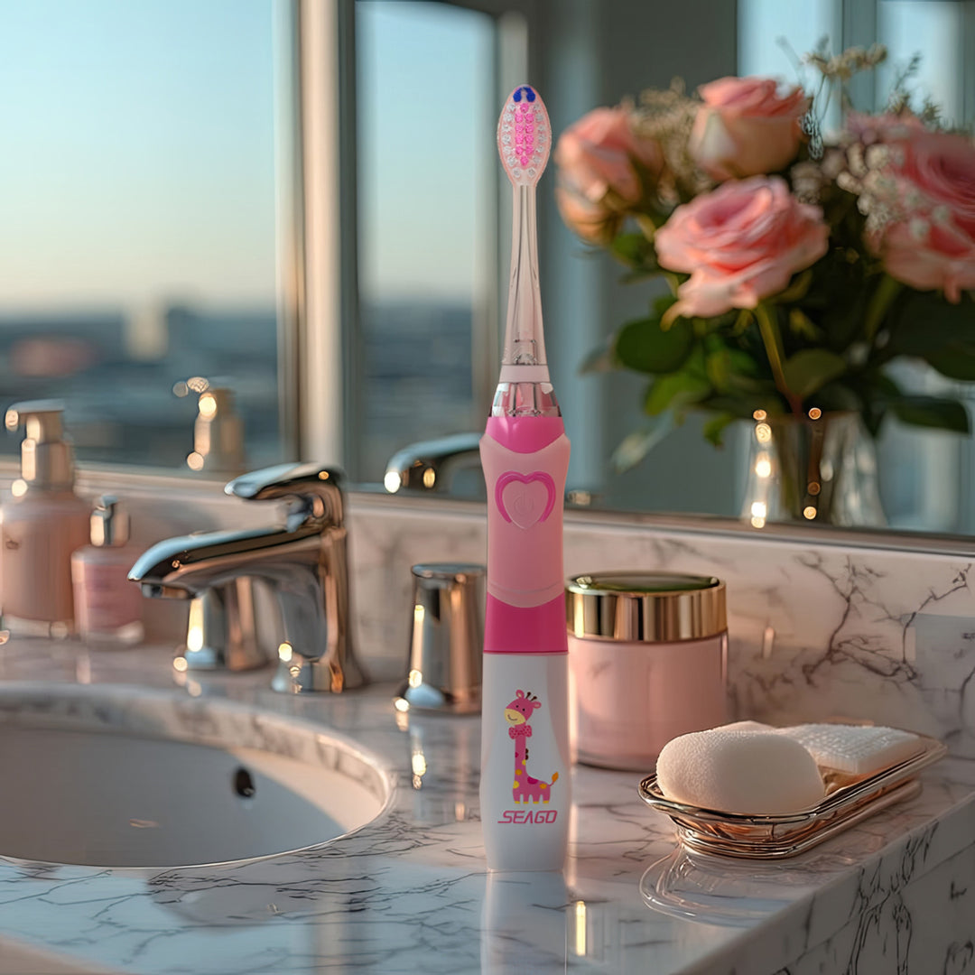 Spazzolino sonico per bambini SEAGO, rosa, 1xAA 1,5 V (non incluso),3 Testine di ricambio, SG-977 Rosa