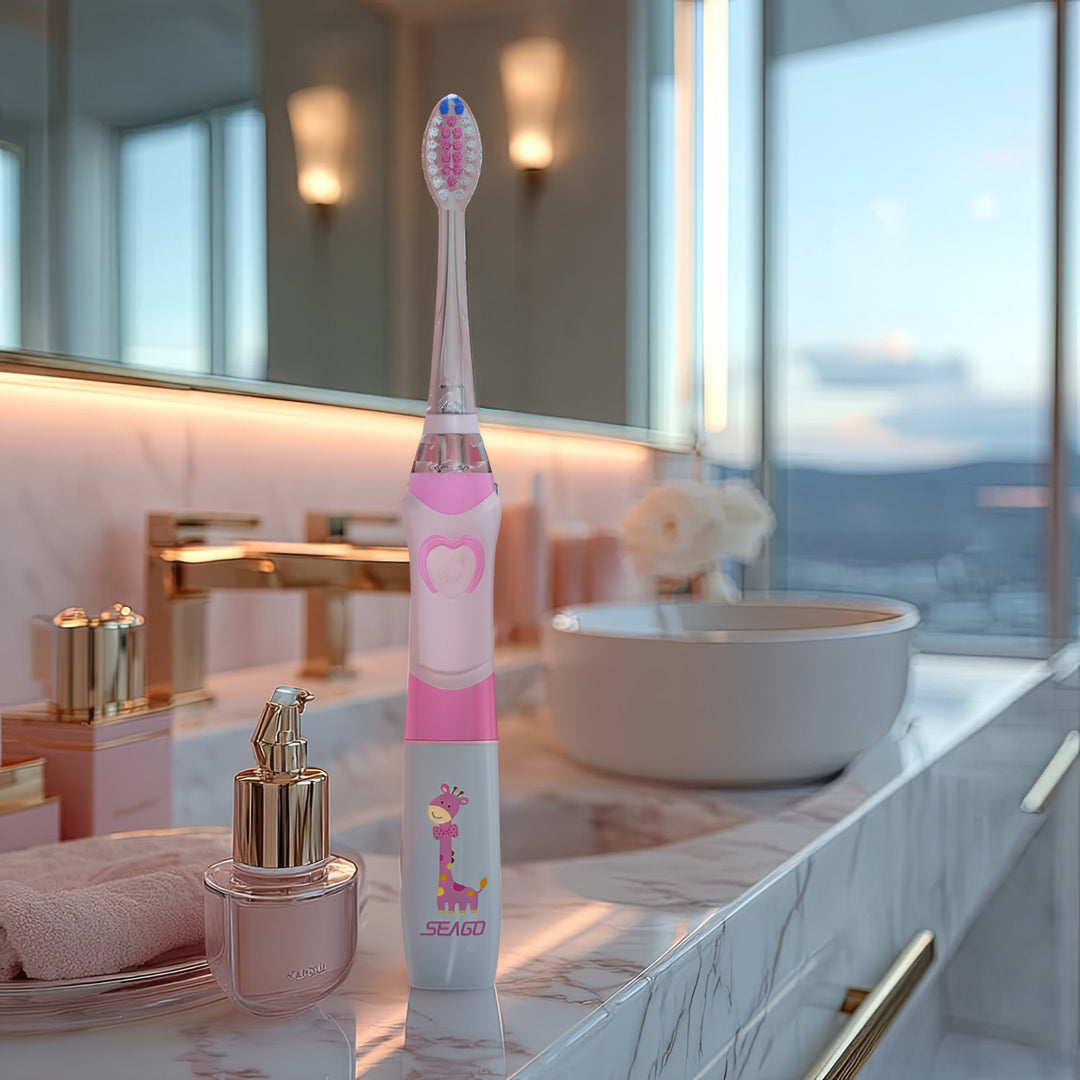 Spazzolino sonico per bambini SEAGO, rosa, 1xAA 1,5 V (non incluso),3 Testine di ricambio, SG-977 Rosa
