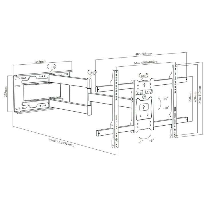 Maclean Supporto TV da parete , VESA max 600x400, 37-80", 45 kg, braccio  extra lungo regolabile max. 915 mm, MC-985
