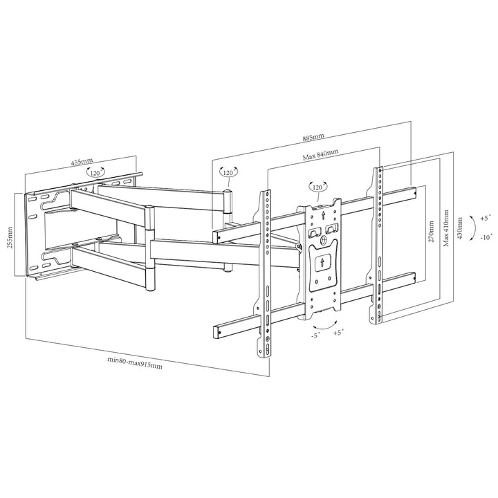 Supporto TV Maclean, VESA max 800x400, 37-85", 55 kg, braccio extra lungo regolabile max.915 mm, MC-986
