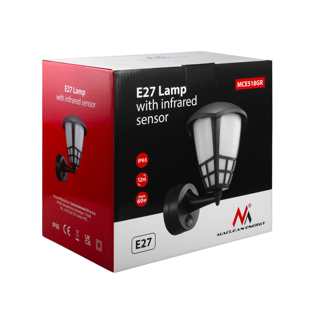 Maclean MCE518 GR Lampada  da parete con sensore di movimento 1xE27 grigio IP65 max 60W
