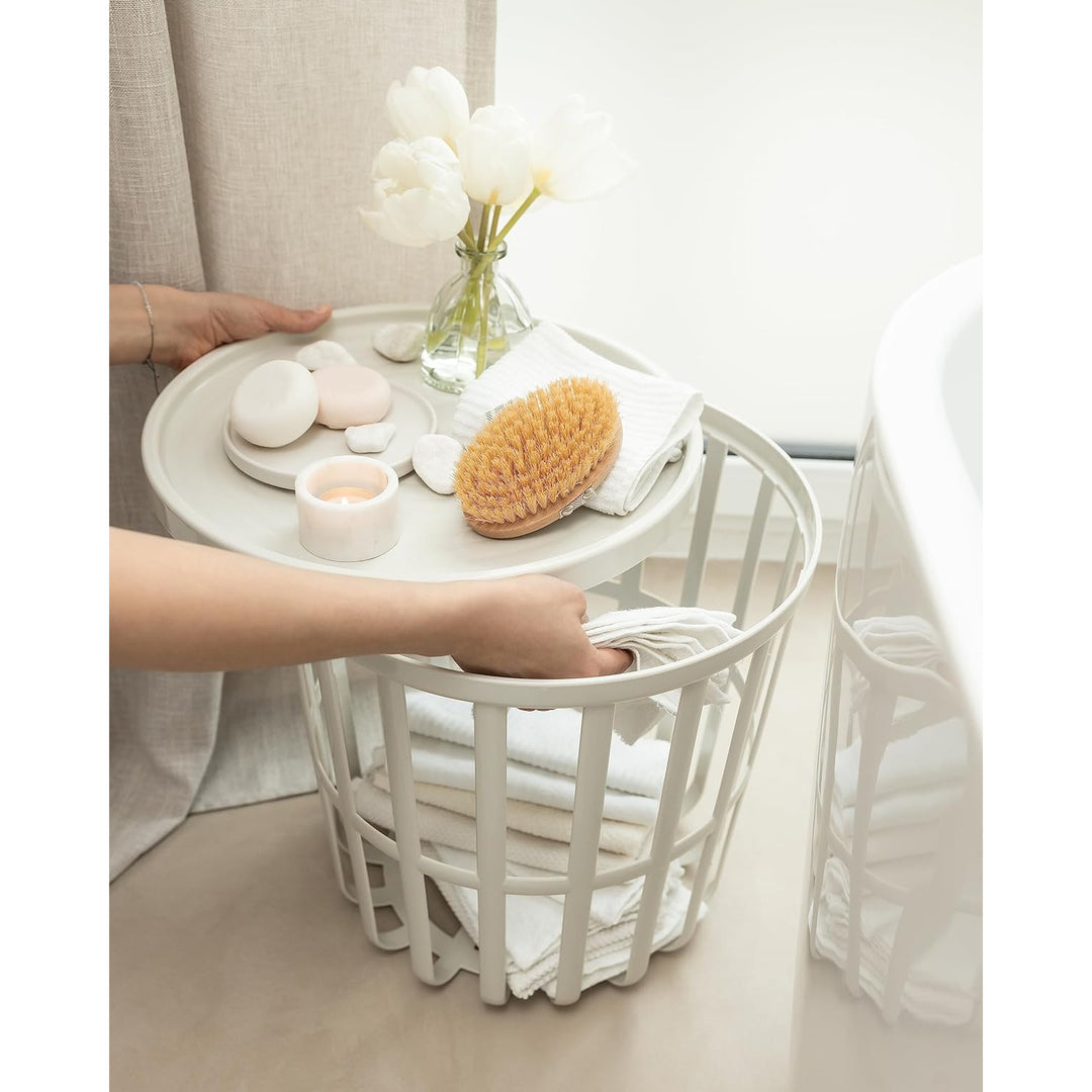 Tavolo Branq, rotondo, con cesto portaoggetti, bianco, Zen 1850