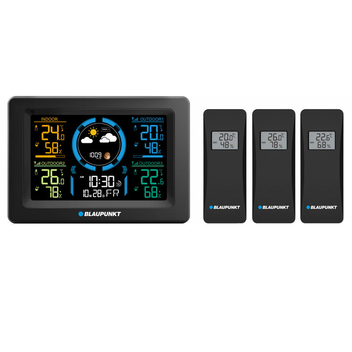 Stazione meteo Blaupunkt, igrometro, pressione, previsioni, 3 sensori, WS40BK