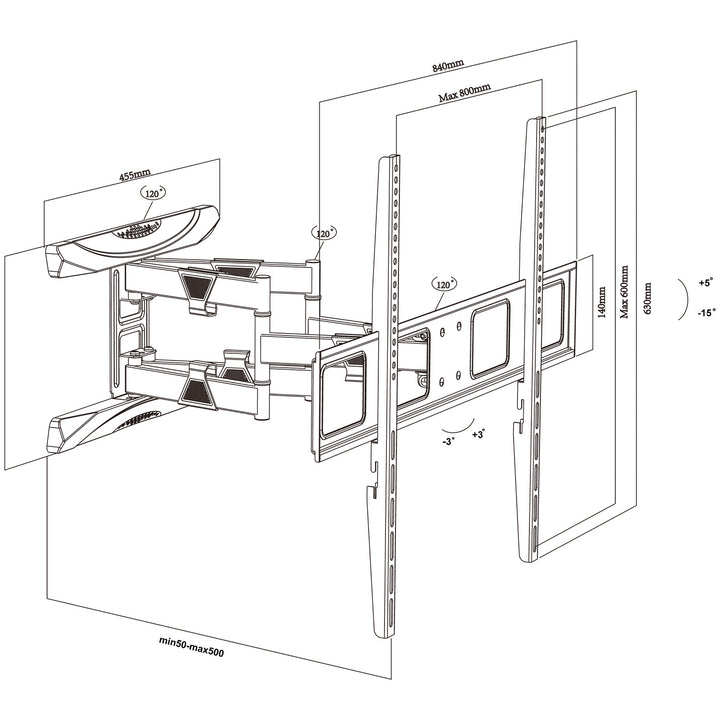 Supporto TV Maclean, VESA max 800x600, 43-100", 80 kg, regolazione angolo orizzontale e verticale, doppio braccio, 50-500 mm, nero, MC-423