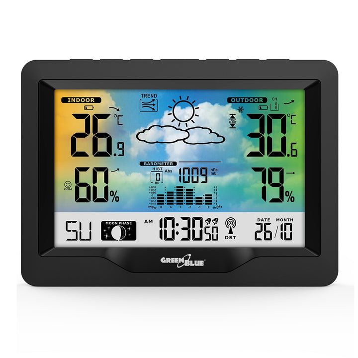 Stazione meteo wireless GreenBlue, a colori, con DCF, fasi lunari, barometro, calendario, alimentazione, GB540N
