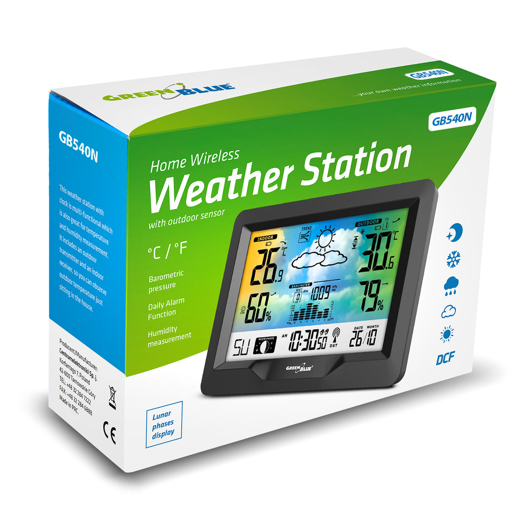 Stazione meteo wireless GreenBlue, a colori, con DCF, fasi lunari, barometro, calendario, alimentazione, GB540N