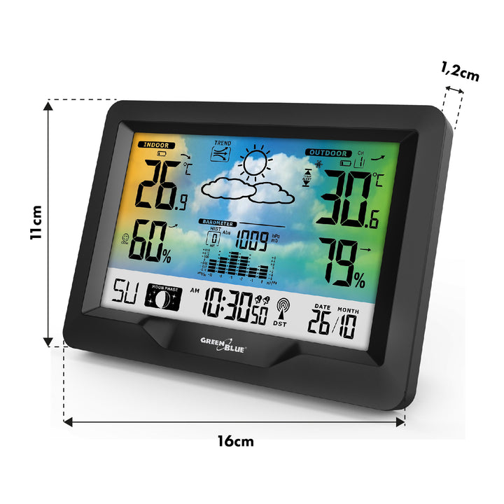 Stazione meteo wireless GreenBlue, a colori, con DCF, fasi lunari, barometro, calendario, alimentazione, GB540N