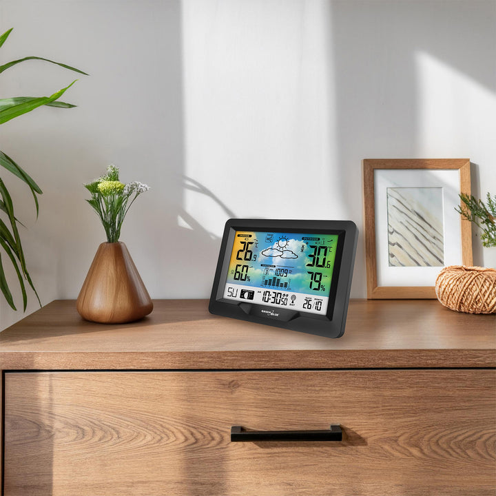 Stazione meteo wireless GreenBlue, a colori, con DCF, fasi lunari, barometro, calendario, alimentazione, GB540N