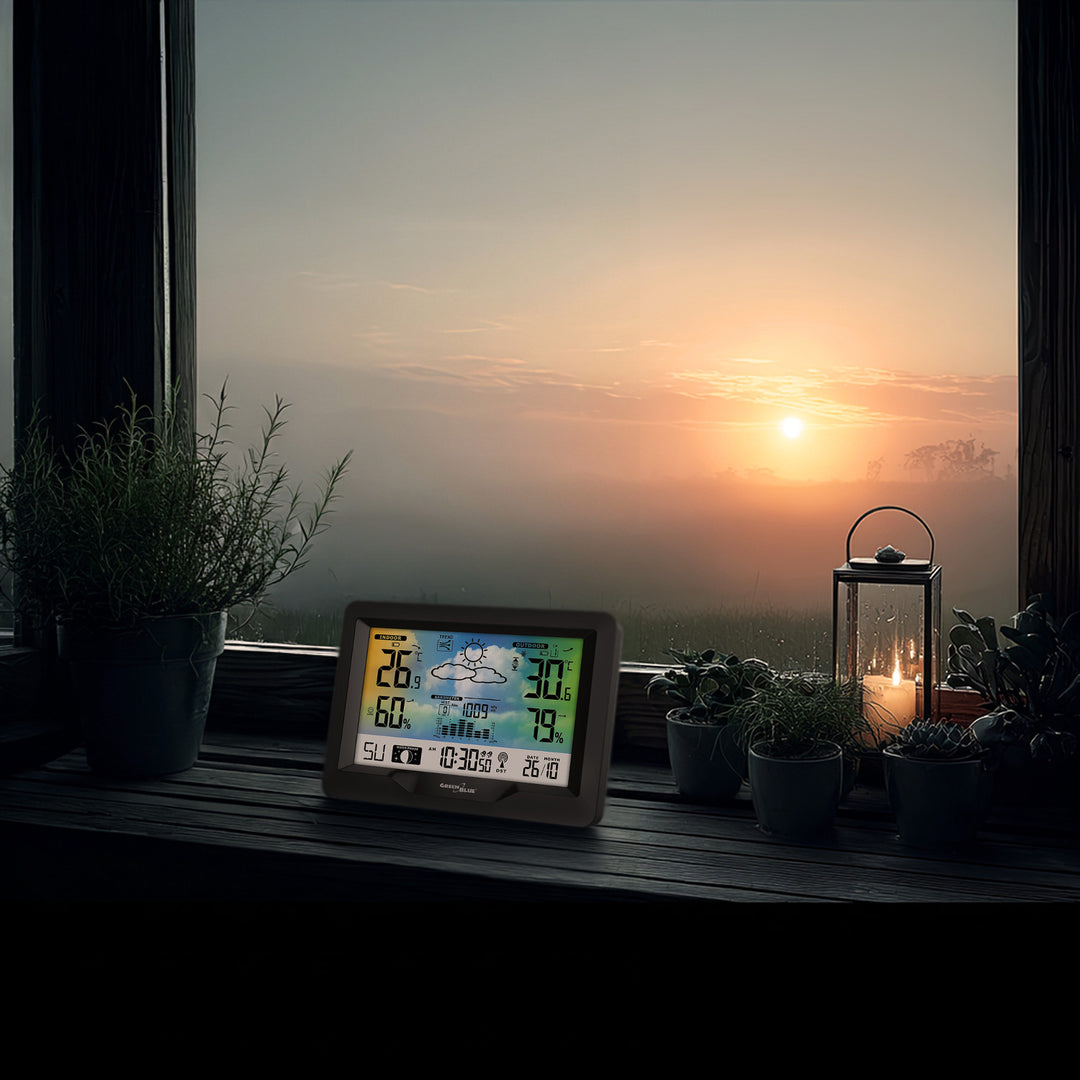 Stazione meteo wireless GreenBlue, a colori, con DCF, fasi lunari, barometro, calendario, alimentazione, GB540N