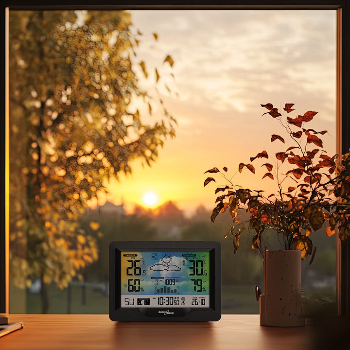 Stazione meteo wireless GreenBlue, a colori, con DCF, fasi lunari, barometro, calendario, alimentazione, GB540N