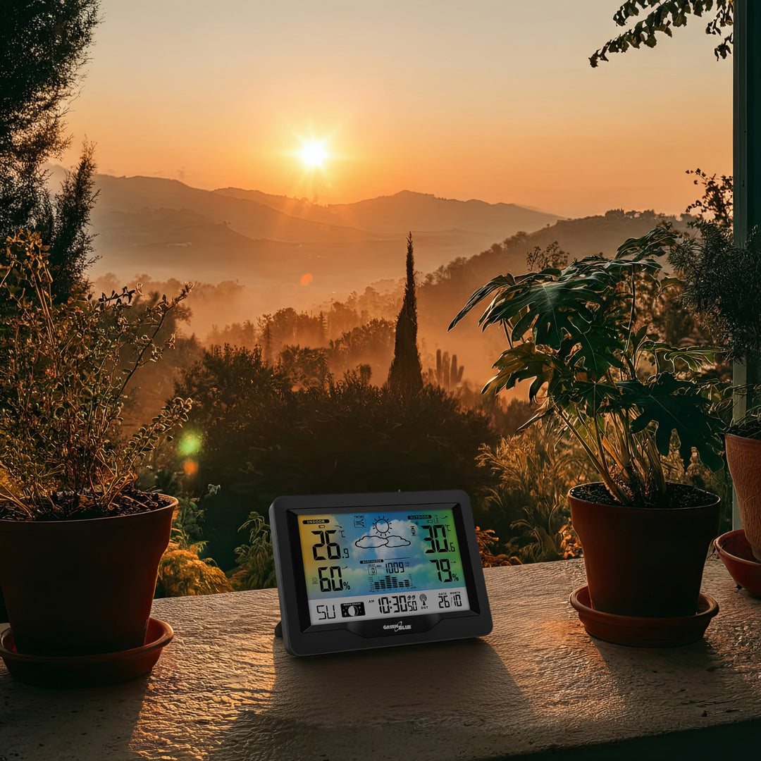 Stazione meteo wireless GreenBlue, a colori, con DCF, fasi lunari, barometro, calendario, alimentazione, GB540N