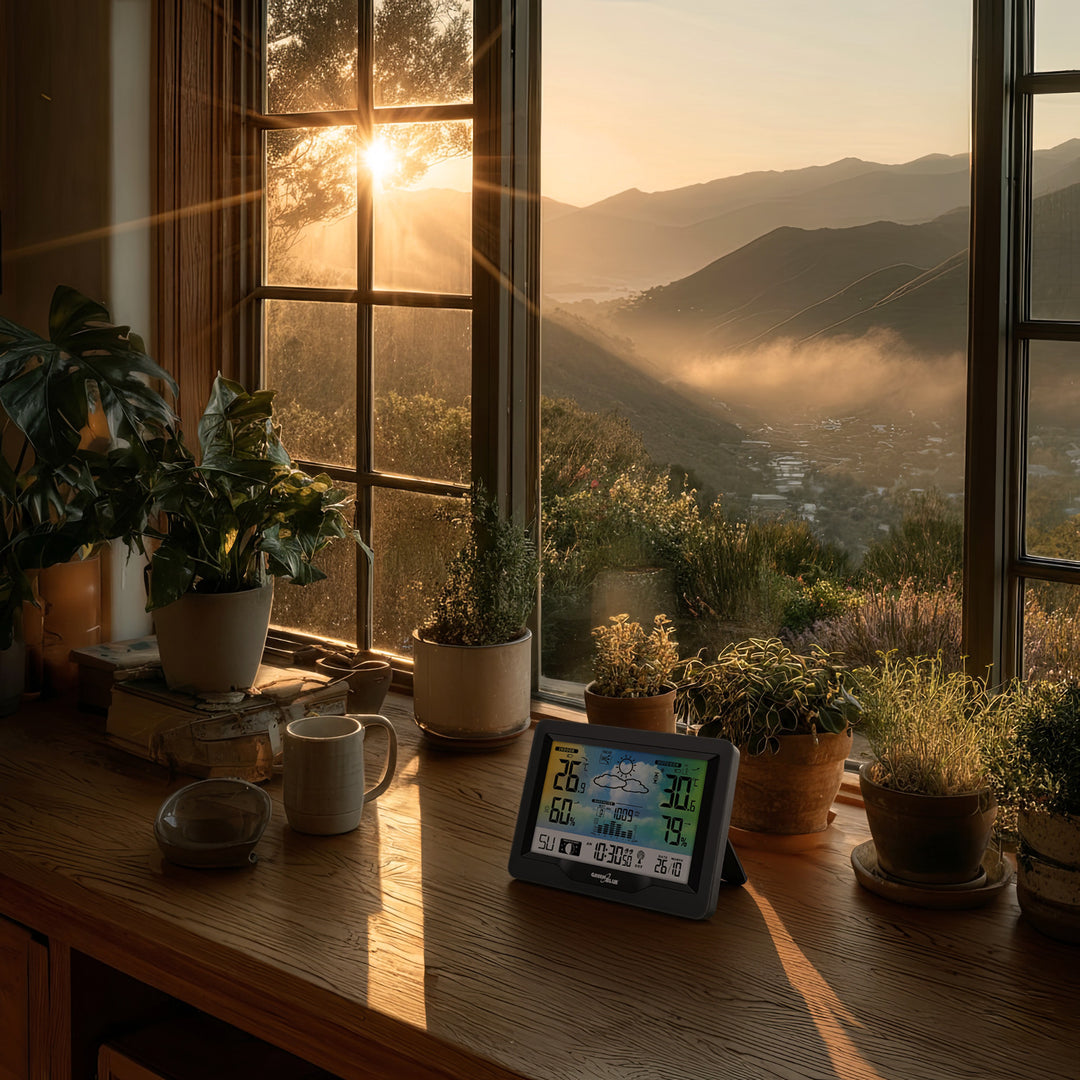 Stazione meteo wireless GreenBlue, a colori, con DCF, fasi lunari, barometro, calendario, alimentazione, GB540N