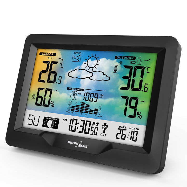Stazione meteo wireless GreenBlue, a colori, con DCF, fasi lunari, barometro, calendario, alimentazione, GB540N