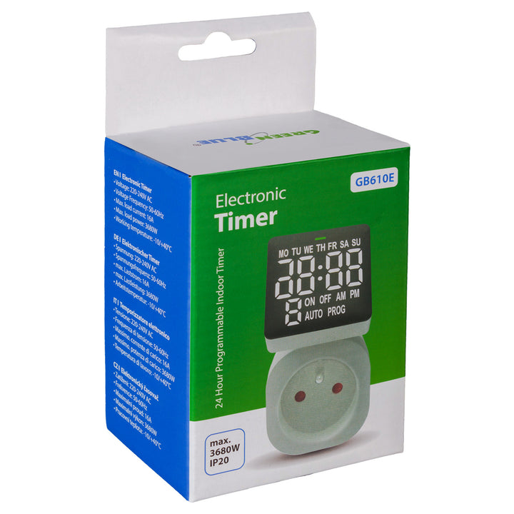 Interruttore orario digitale GreenBlue - timer, carico massimo 16A, IP20, GB610 E
