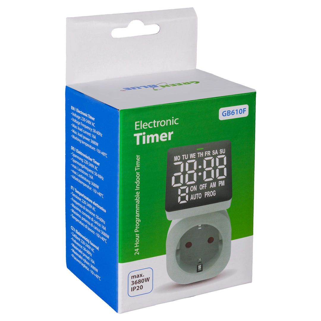 Interruttore orario digitale GreenBlue - timer, carico massimo 16A, IP20, GB610 F