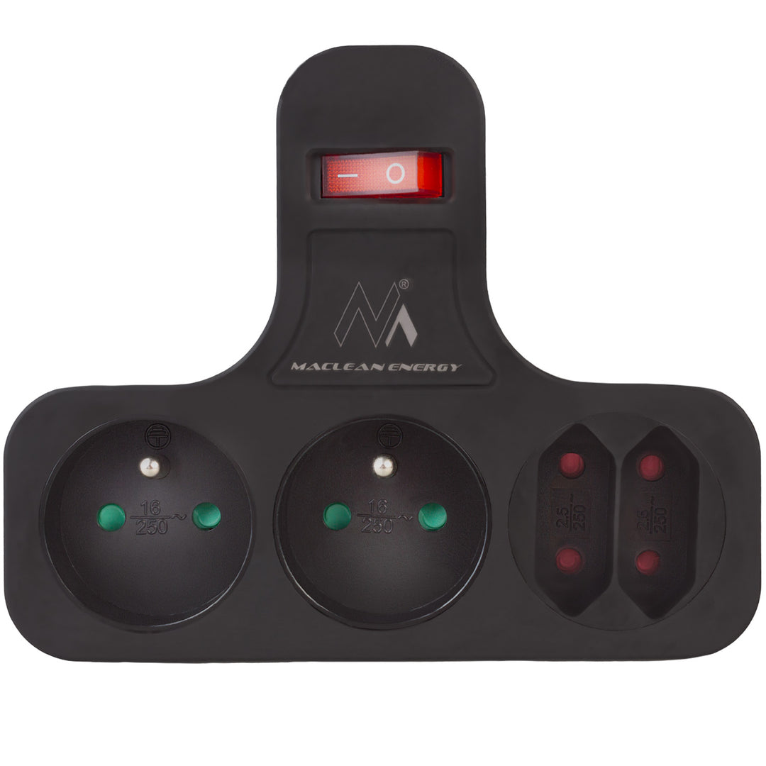 Presa Maclean, quadrupla con interruttore on/off, piedino stabilizzatore, tipo E, 2x2,5A, 2x16A, MCE224 E/B