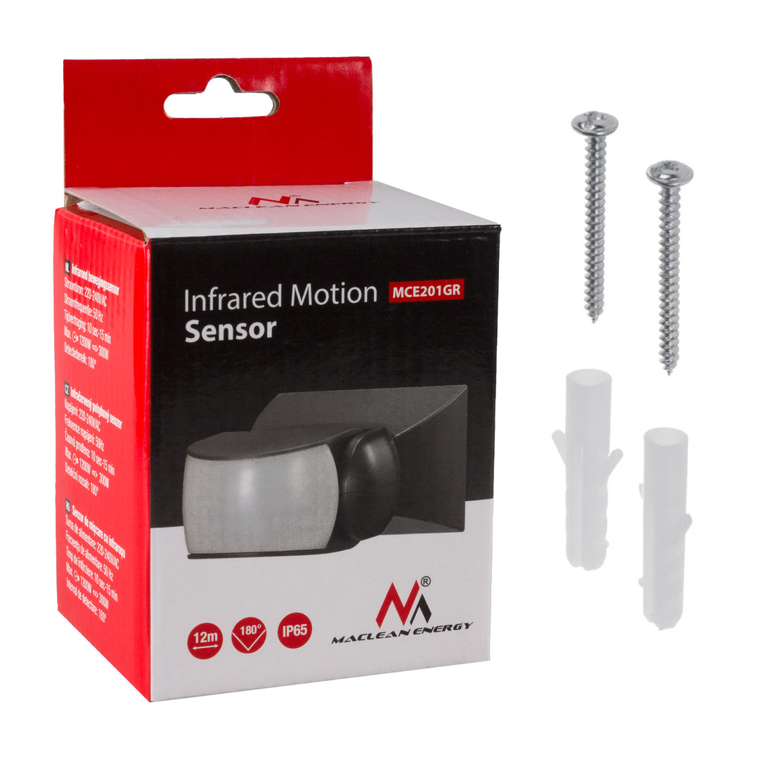 Rilevatore di movimento PIR a infrarossi Maclean IP65 grigio portata 12m MCE201 GR