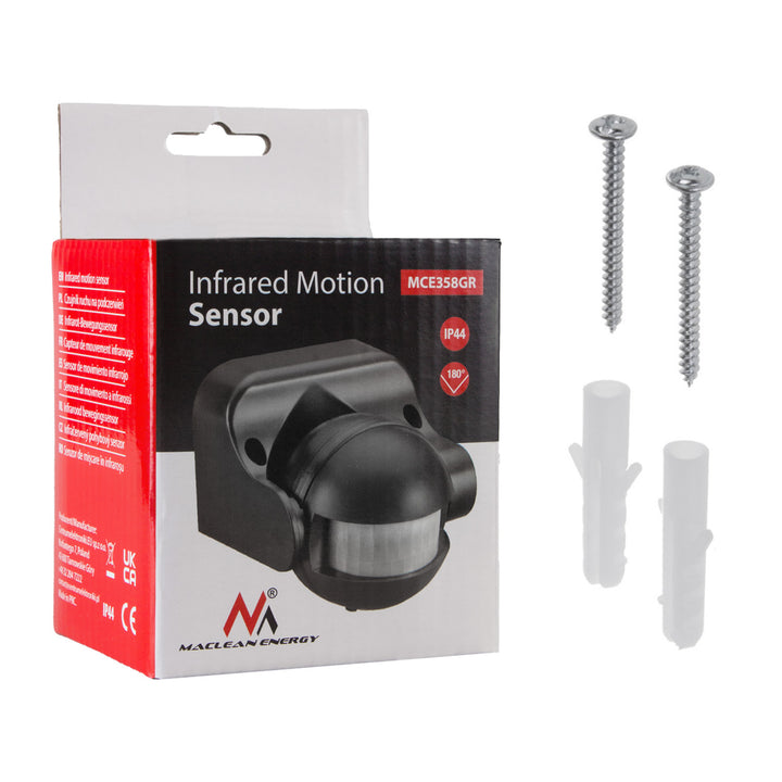 Rilevatore di movimento PIR a infrarossi Maclean IP44 grigio portata 12m carico massimo 800/1200W MCE358 GR