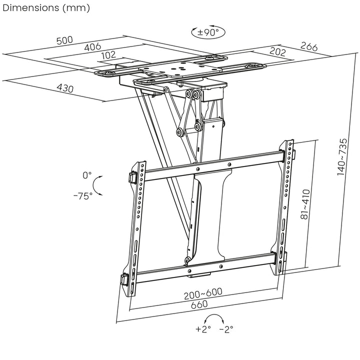 Supporto elettrico a soffitto Maclean per TV, supporto TUYA, VESA max 600x400, 90st girevole, 32"-75", 35kg, MC-490