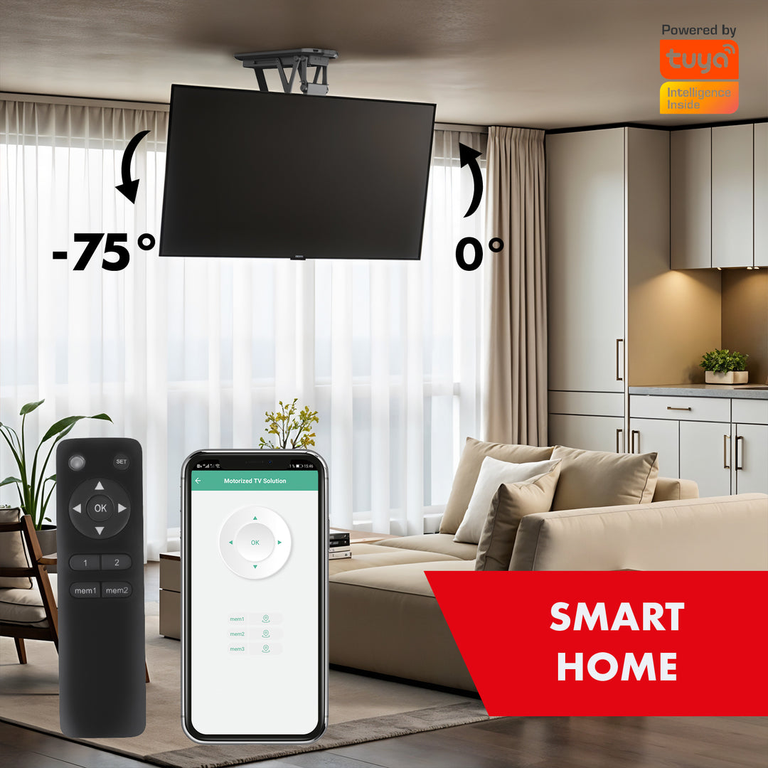 Supporto elettrico a soffitto Maclean per TV, supporto TUYA, max VESA 600x400, telecomando, 23"-55", 30kg, MC-492