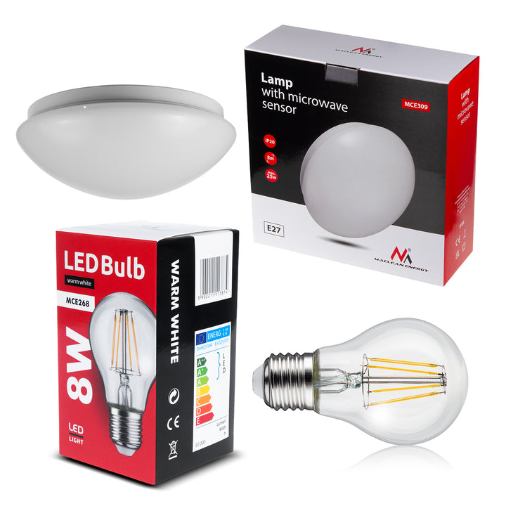 Plafoniera 1xE27 Maclean, sensore a infrarossi, diffusore in PMMA, carico massimo 25W, IP20, MCE309 + lampadina MCE268 WW