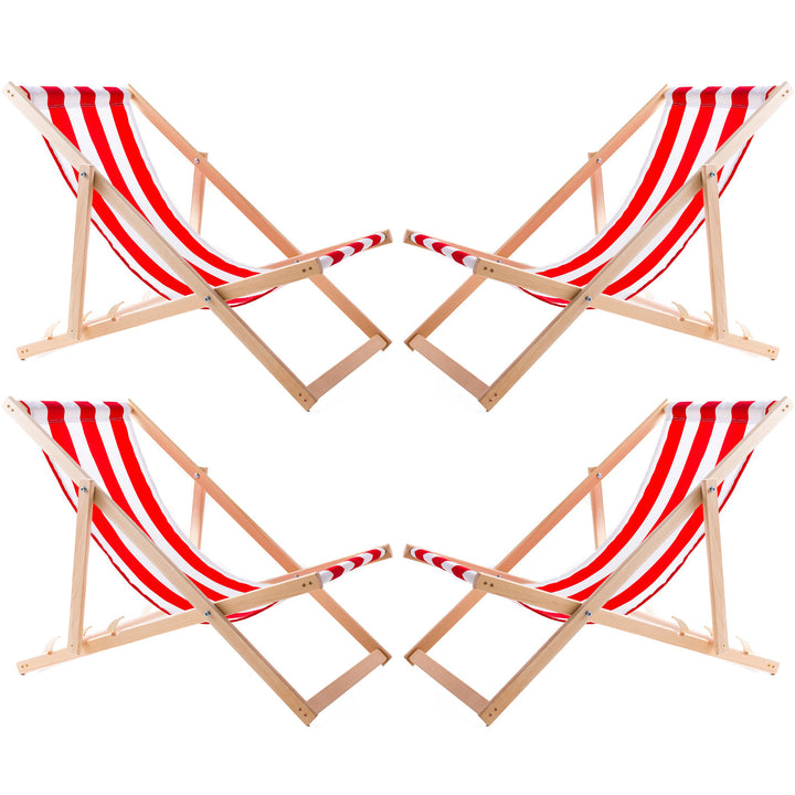 4 comode sedie a sdraio in legno, a strisce rosse, ideali per la spiaggia, il balcone, la terrazza, assemblate