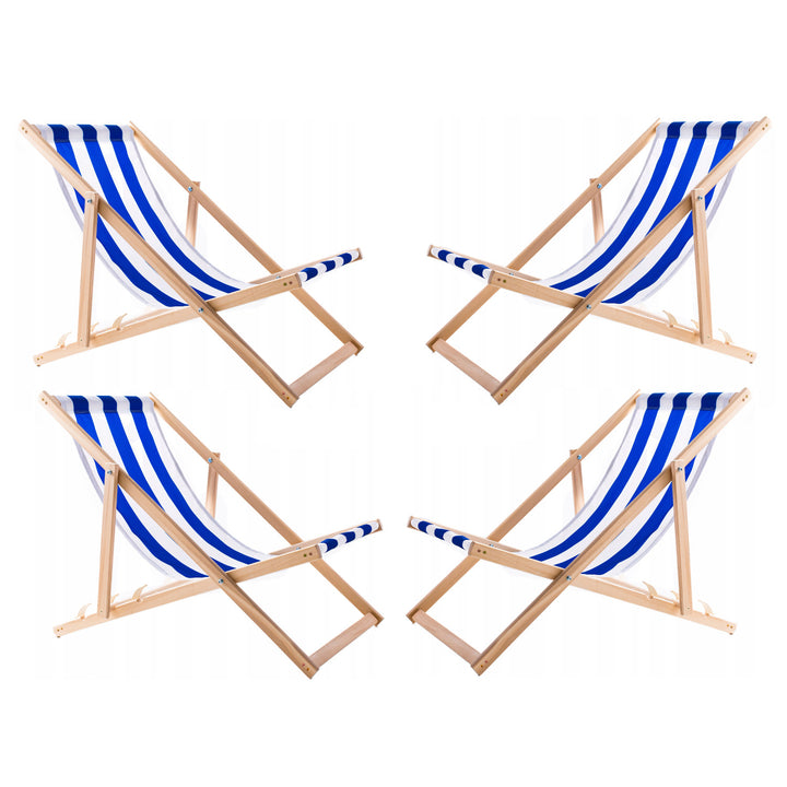 4 comode sedie a sdraio in legno, a strisce blu, ideali per la spiaggia, il balcone, la terrazza, assemblate