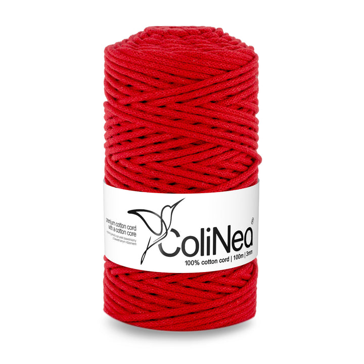 ColiNea, cordino in cotone con anima in cotone, intrecciato, 3 mm, 100 m, rosso