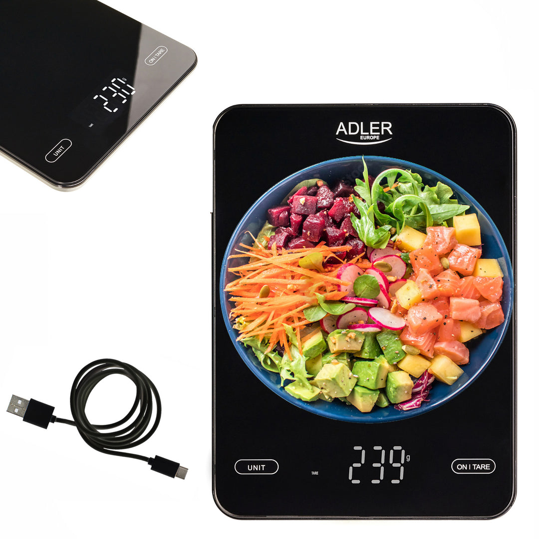 Bilancia da cucina, Adler, nera 10 kg ricaricabile tramite USB, AD 3177