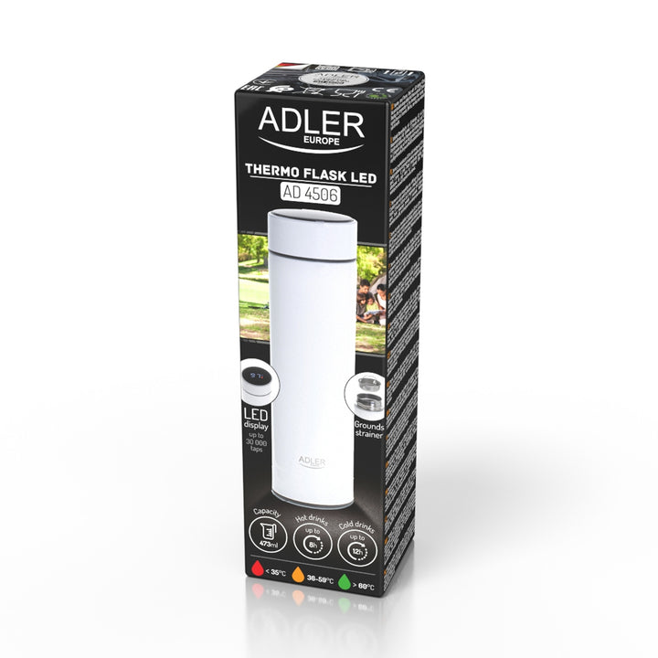 Thermos Adler, display touchscreen LED, capacità 473 ml, colore bianco, AD 4506