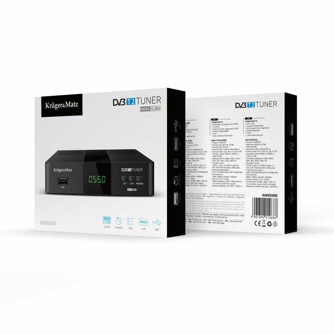 Sintonizzatore-decoder DVB-T2 KM0550D H.265 HEVC EPG PVR Timeshift Kruger&Matz