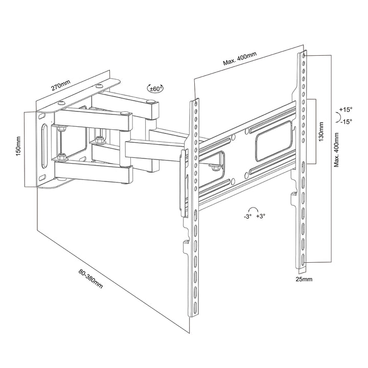 Supporto TV Maclean, max VESA 400x400, 32-75", 50 kg, regolazione angolo orizzontale e verticale, profilo 80-380 mm, nero, MC-788