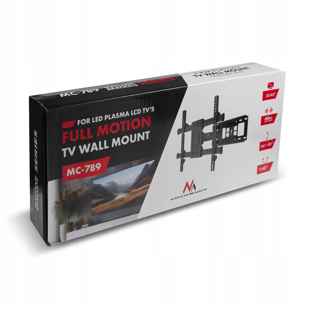 Supporto TV Maclean, VESA max 600x400, 32-85", 60 kg, regolazione angolo orizzontale e verticale, profilo 65-390 mm, nero, MC-789