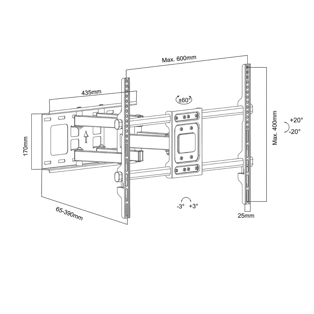 Supporto TV Maclean, VESA max 600x400, 32-85", 60 kg, regolazione angolo orizzontale e verticale, profilo 65-390 mm, nero, MC-789