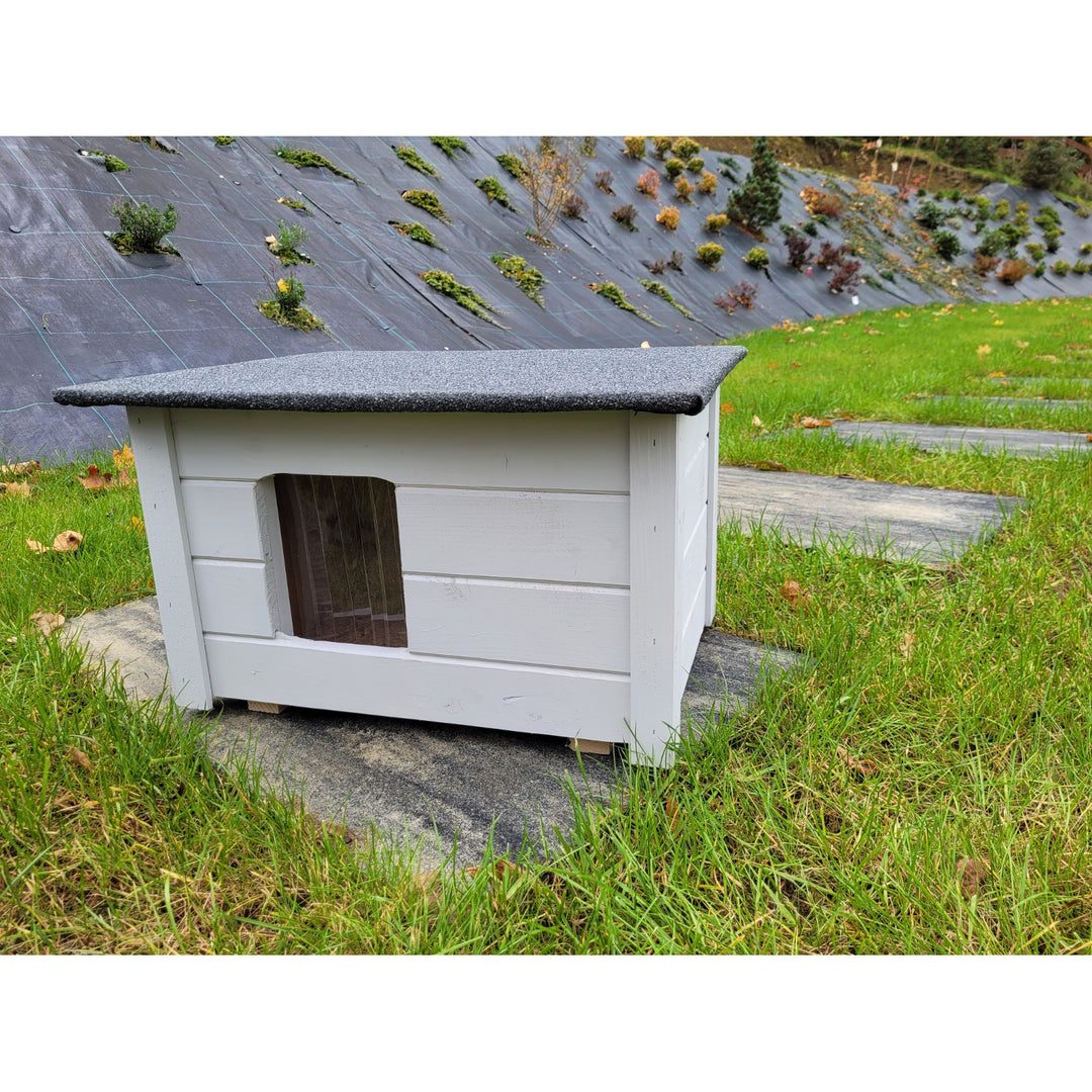 Cuccia per cani e gatti Woodok, isolata, in legno di abete rosso grigio chiaro