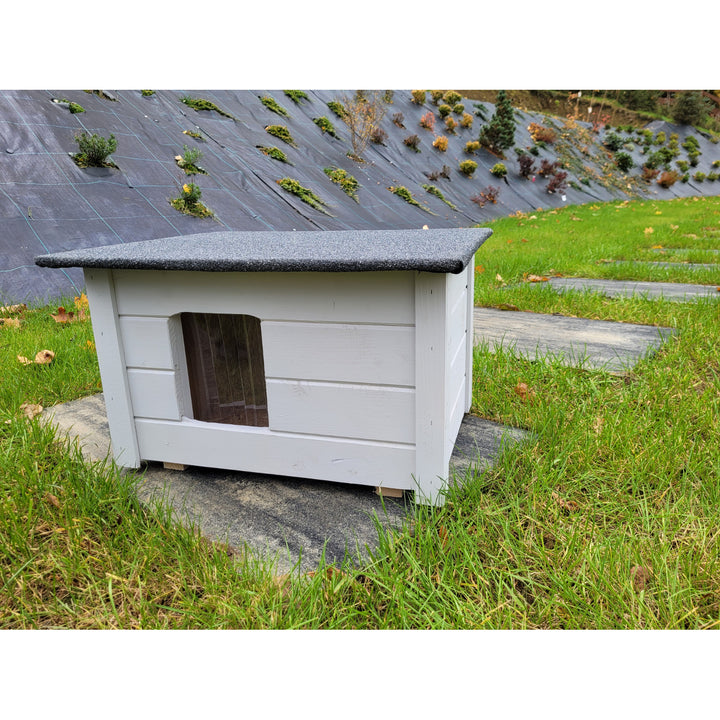 Cuccia per cani e gatti Woodok, isolata, in legno di abete rosso grigio chiaro