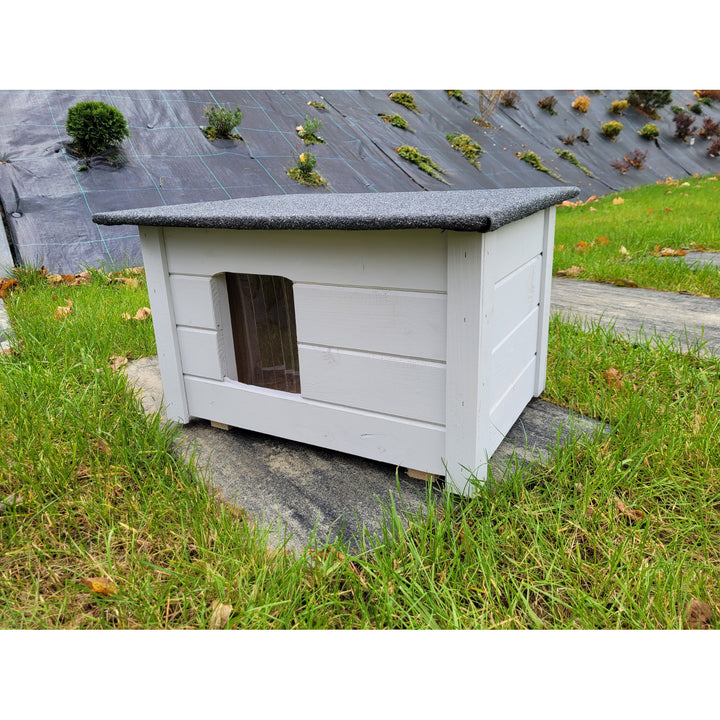 Cuccia per cani e gatti Woodok, isolata, in legno di abete rosso grigio chiaro