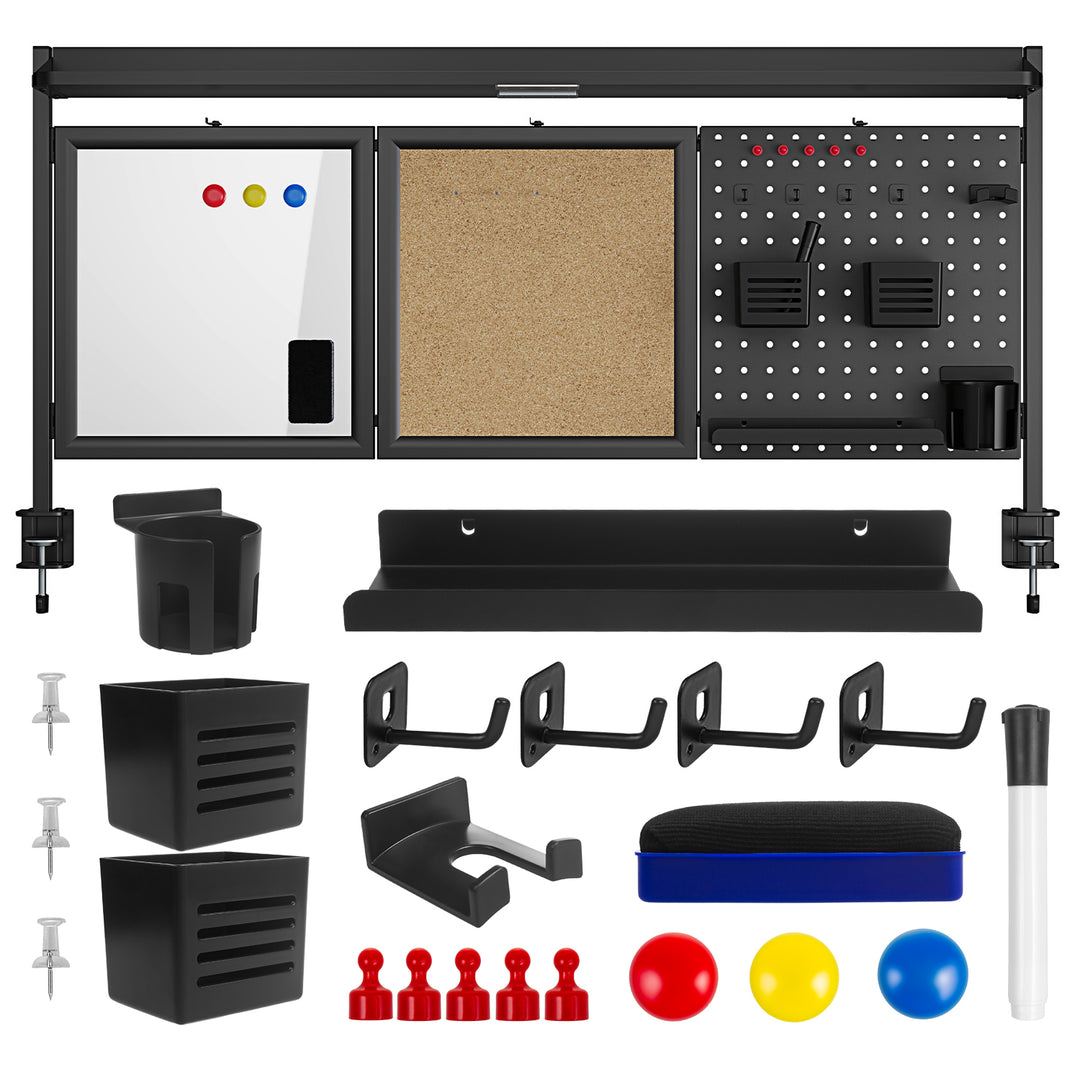 Divisorio / organizzatore per scrivania Ergo Office, carico massimo 10 kg, lavagna bianca e sughero, larghezza 1250 mm, nero,ER-300 B