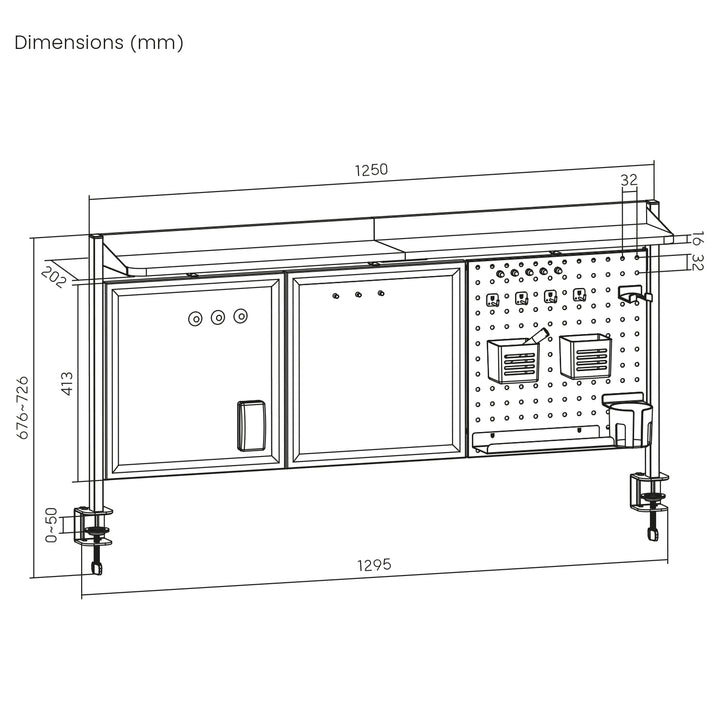 Divisorio / organizzatore per scrivania Ergo Office, carico massimo 10 kg, lavagna bianca e sughero, larghezza 1250 mm, nero,ER-300 B