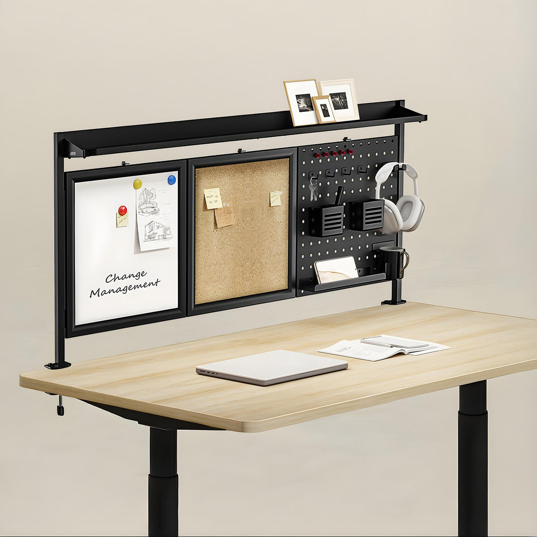 Divisorio / organizzatore per scrivania Ergo Office, carico massimo 10 kg, lavagna bianca e sughero, larghezza 1250 mm, nero,ER-300 B