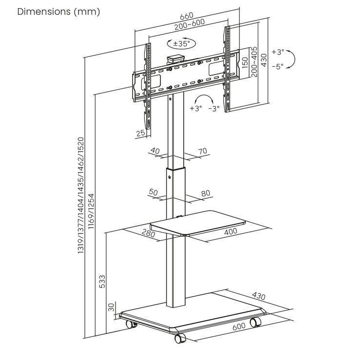 Supporto TV / carrello Ergo-Office, carico massimo 50kg / ripiano 5kg, max. VESA 600x400, presa di corrente integrata, nero, ER-304 B