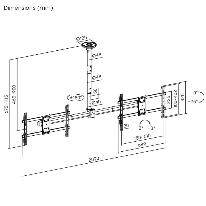 Supporto a soffitto Maclean per due TV, carico massimo 2x40kg, 34-60", max VESA 600x400, MC-111 B