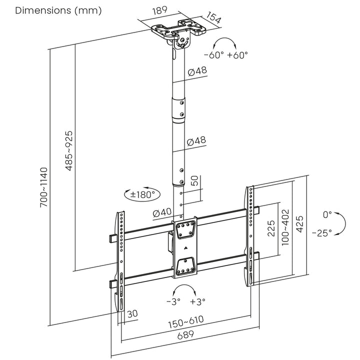 Staffa a soffitto per TV Maclean, carico massimo 60 kg, 43-86", max VESA 600x400, MC-112 B