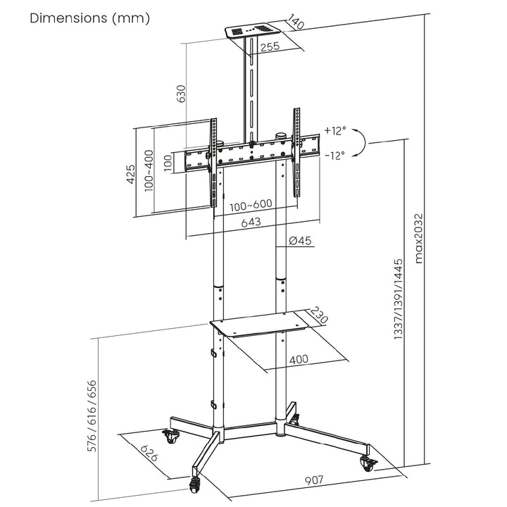 Supporto TV / carrello Maclean, ripiano per telecamera, su ruote, 37-70", carico massimo 45kg/5kg ripiano, max. VESA 600x400, MC-113 B