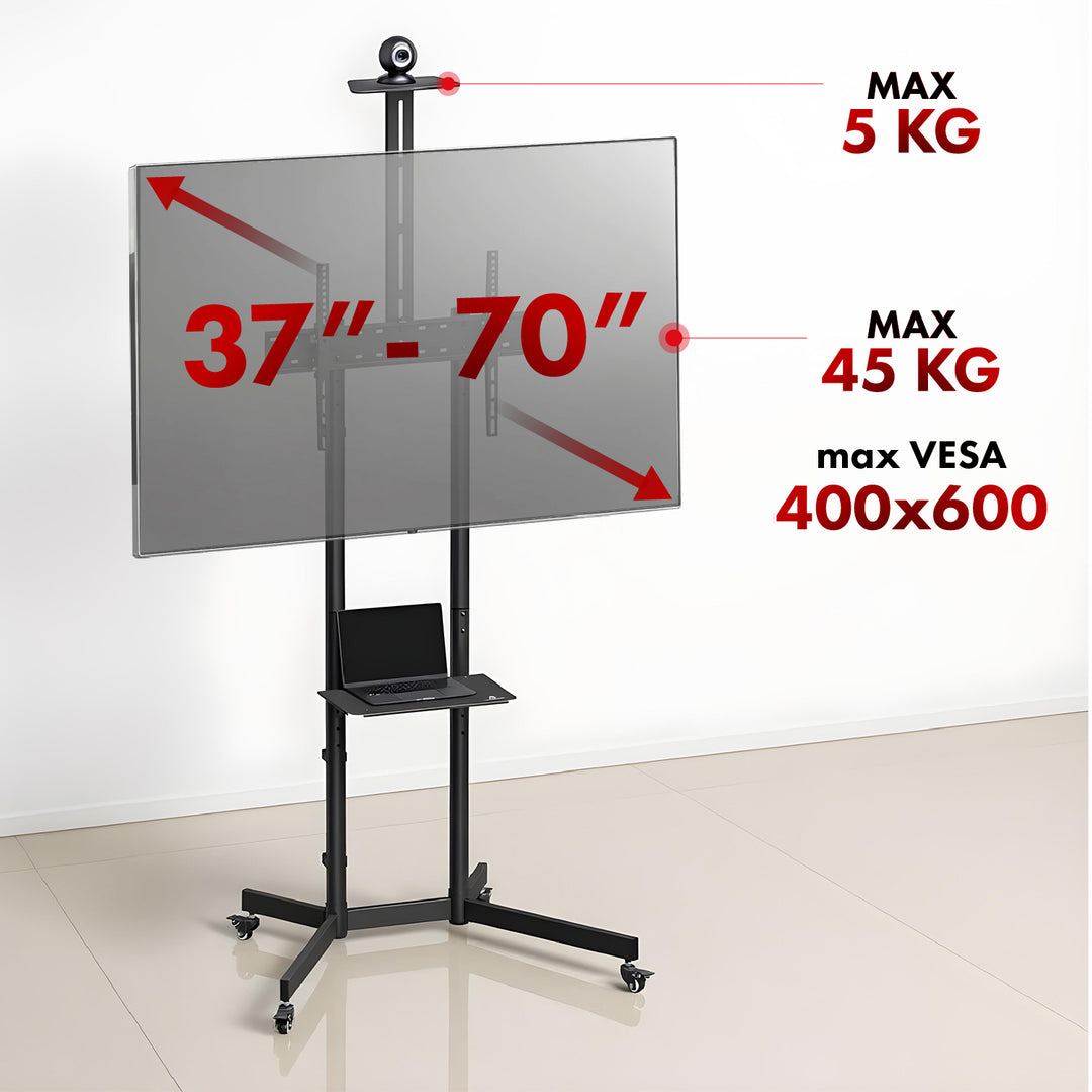 Supporto TV / carrello Maclean, ripiano per telecamera, su ruote, 37-70", carico massimo 45kg/5kg ripiano, max. VESA 600x400, MC-113 B