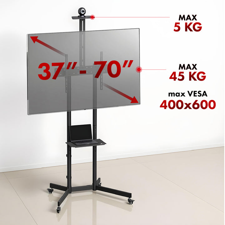 Supporto TV / carrello Maclean, ripiano per telecamera, su ruote, 37-70", carico massimo 45kg/5kg ripiano, max. VESA 600x400, MC-113 B