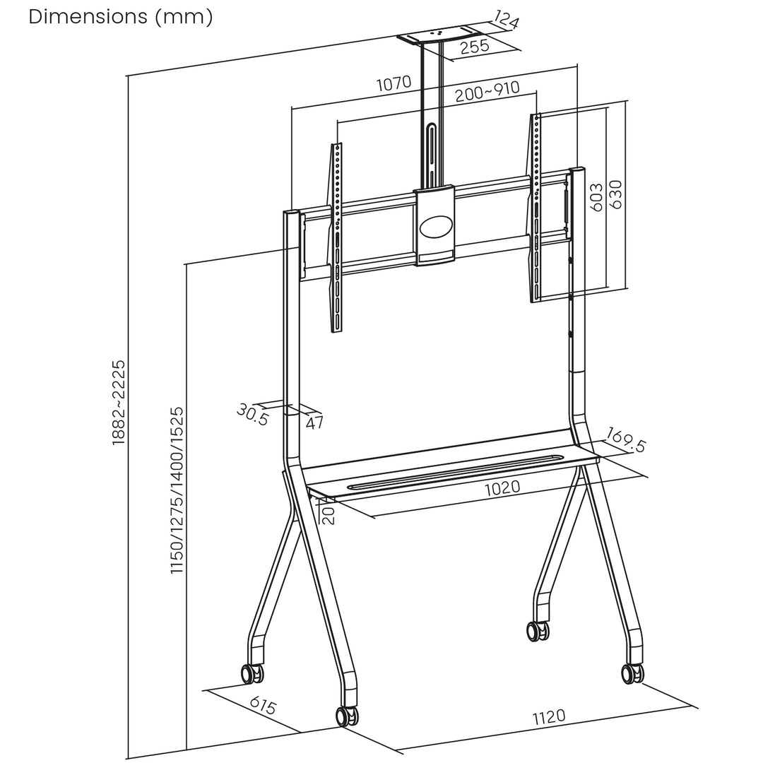 Supporto TV / carrello Maclean, ripiano per telecamera, su ruote, 55-100", carico massimo 120kg/10kg ripiano, max. VESA 900x600, nero, MC-114 B