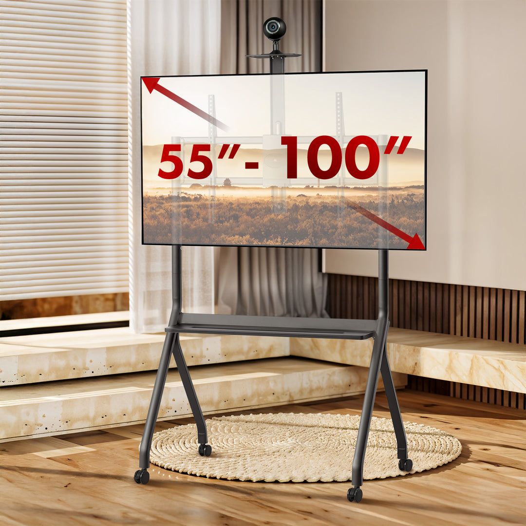 Supporto TV / carrello Maclean, ripiano per telecamera, su ruote, 55-100", carico massimo 120kg/10kg ripiano, max. VESA 900x600, nero, MC-114 B
