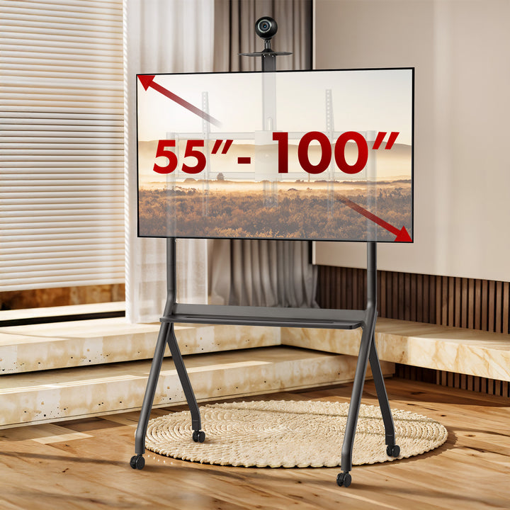 Supporto TV / carrello Maclean, ripiano per telecamera, su ruote, 55-100", carico massimo 120kg/10kg ripiano, max. VESA 900x600, nero, MC-114 B