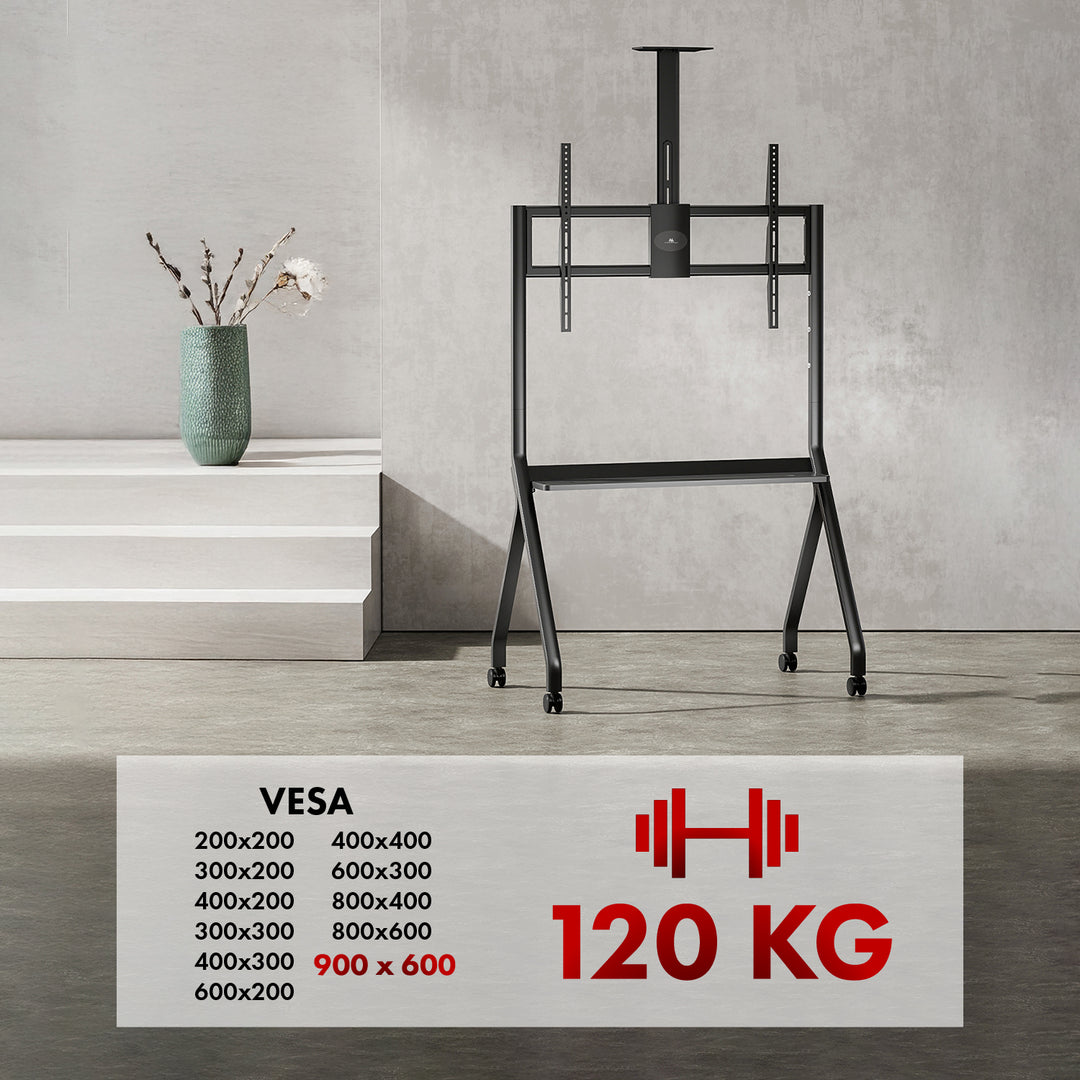 Supporto TV / carrello Maclean, ripiano per telecamera, su ruote, 55-100", carico massimo 120kg/10kg ripiano, max. VESA 900x600, nero, MC-114 B